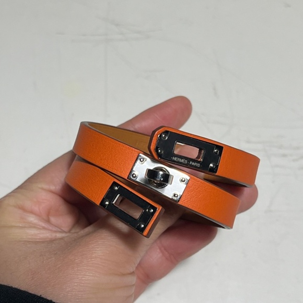 Orange Leather Bracelet Hermes mini Kelly double bracelet